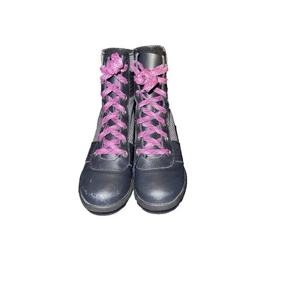 SOREL Girls Lexie Wedge Heel Boots Size 1 Black Checkered Leather Pink Laces - Picture 2 of 10